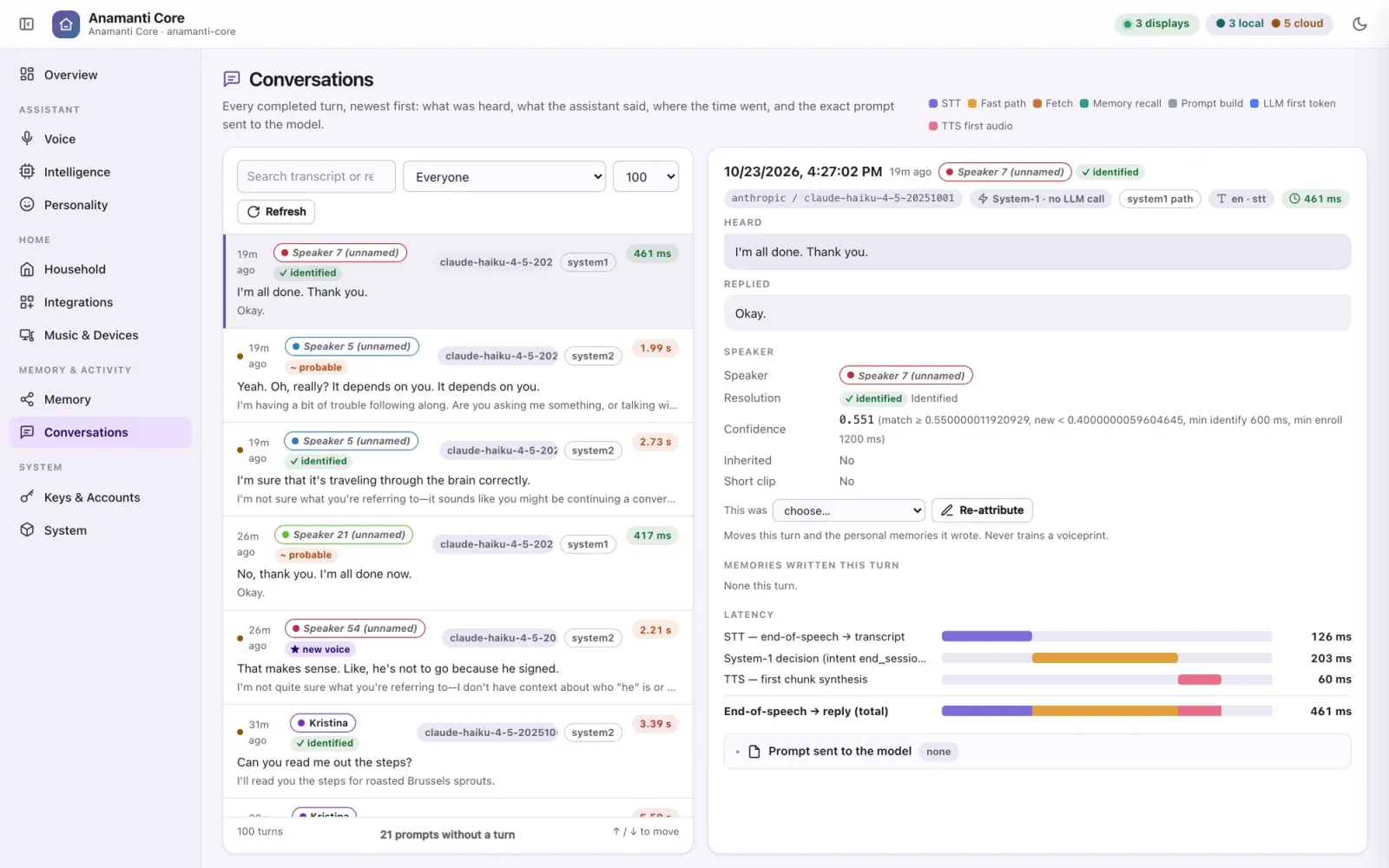 Conversations page with per-turn latency waterfall