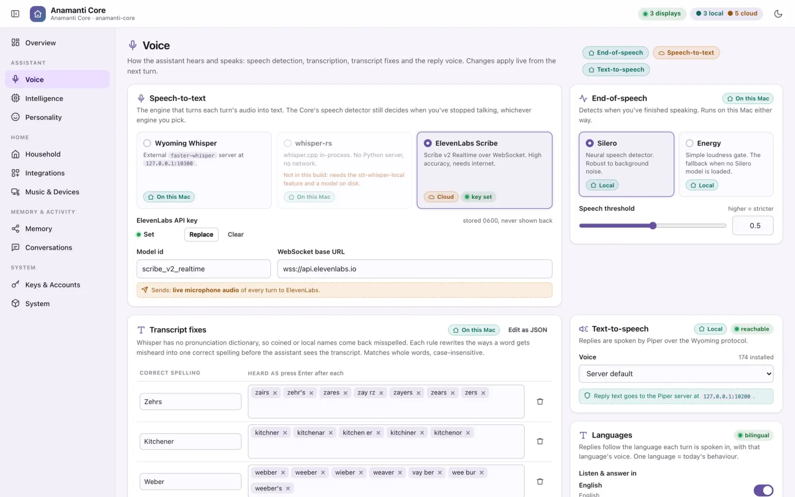 Voice page with speech-to-text engines, end-of-speech and text-to-speech