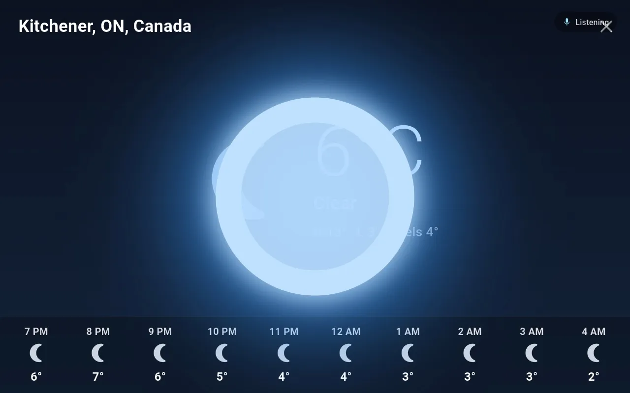 The listening ring glowing over the weather screen during a follow-up question
