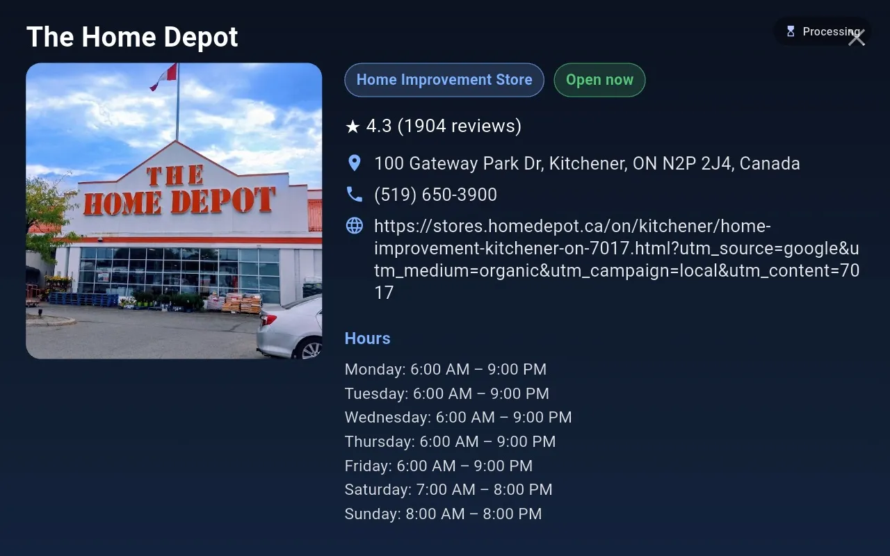 Place card for The Home Depot with hours and Open now