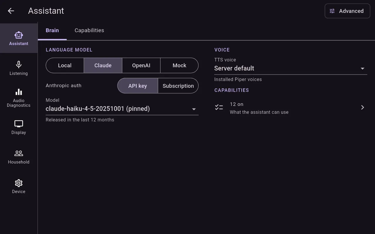 Assistant settings: language model and voice