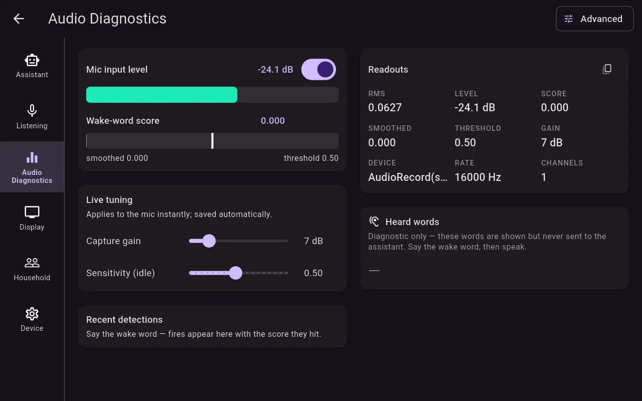 Audio diagnostics on the display: mic level and wake-word score