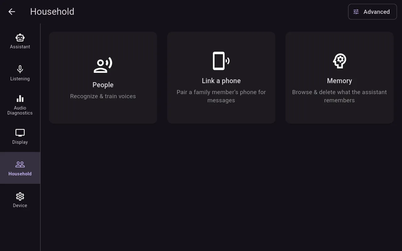 Household settings: people, link a phone, memory