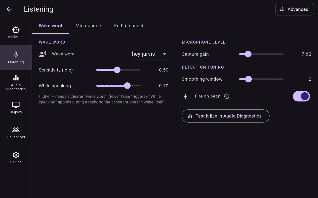 Listening settings with separate idle and while-speaking sensitivity