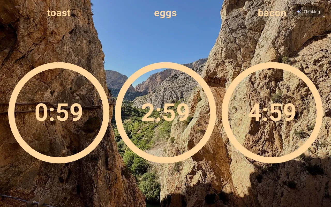 Three full-screen timers: toast, eggs, bacon