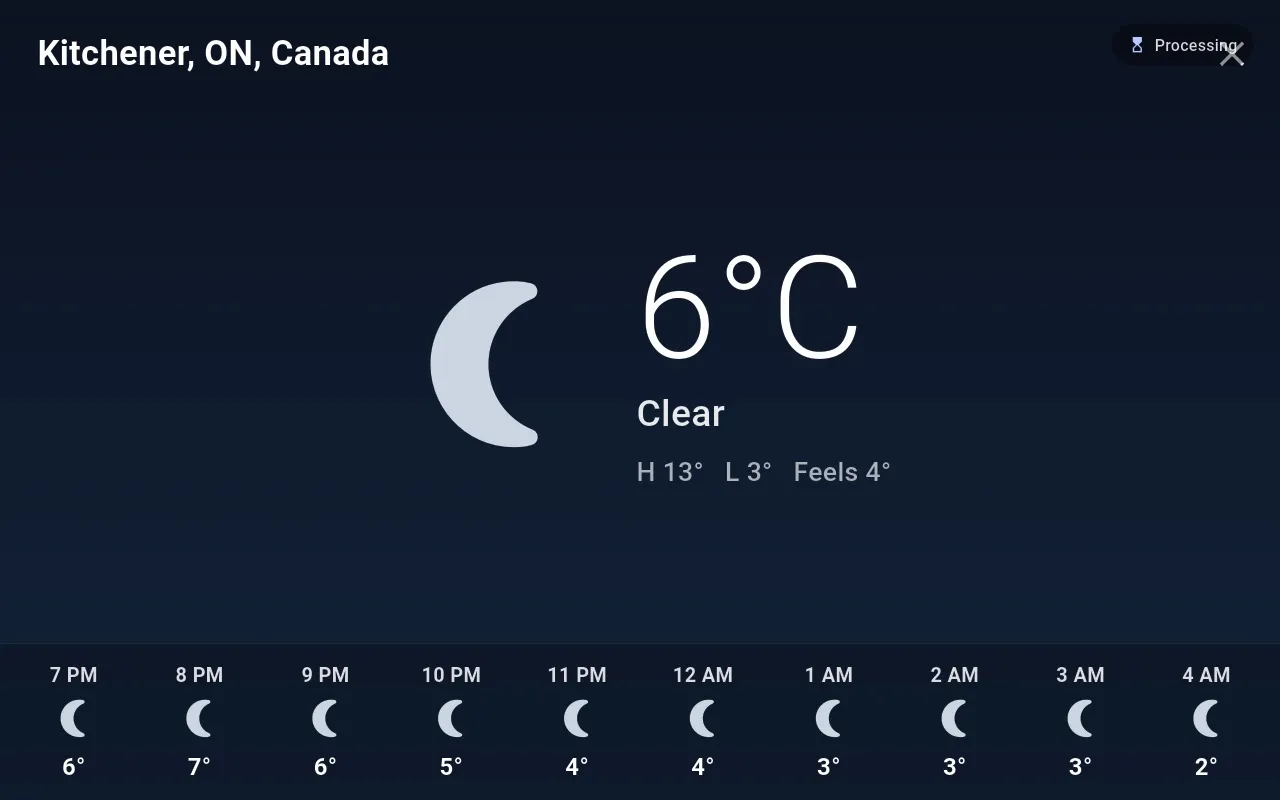 Full-screen weather: current conditions and a 10-hour row